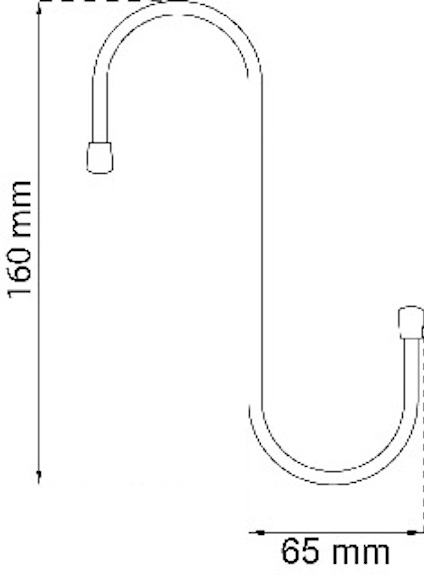 Svartvit ritning av en S-formad krok med en längd på 160 mm och en bredd på 65 mm.