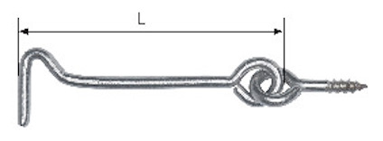 Metallkrok med skruvgänga, längd markerad som "L", visar två böjda sektioner och en spiralform nära skruvspetsen.