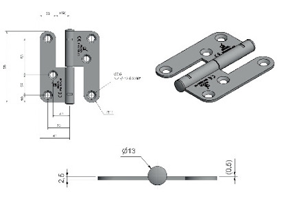 Ritteckning av metallgångjärn med mått och tekniska specifikationer.
