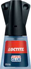 Flaska med svart lock och etikett som visar "LOCTITE Super Glue".