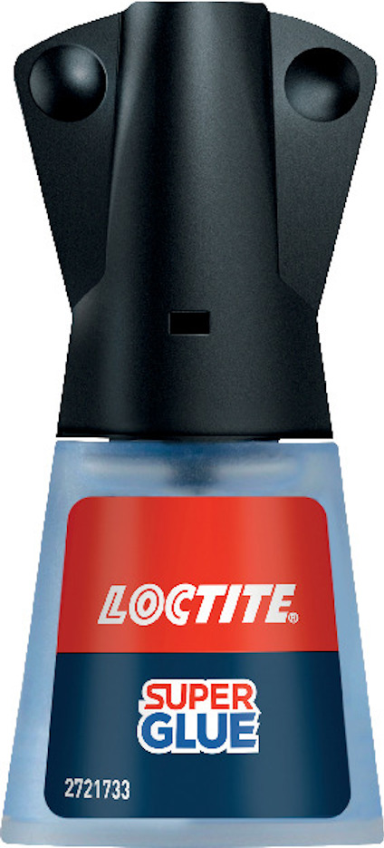 Flaska med svart lock och etikett som visar "LOCTITE Super Glue".