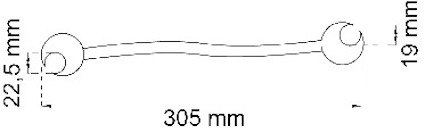 Streckritning av ett handtag med mått: längd 305 mm, höjd 19 mm, djup 22,5 mm.