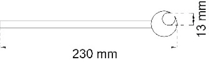 Ritning av ett rakt föremål med en cirkulär ända, mått 230 mm långt och 13 mm i diameter.