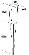 Diagram av en metallspets för stolpfäste, mått: 46x46 mm i översta delen, 150 mm höjd och 450 mm spetslängd.