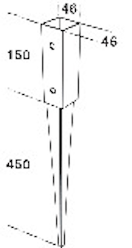 Diagram av en metallspets för stolpfäste, mått: 46x46 mm i översta delen, 150 mm höjd och 450 mm spetslängd.