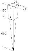 Skiss av en markspik med mått: 71x71 mm, 150 mm högt huvud och 600 mm lång spets.