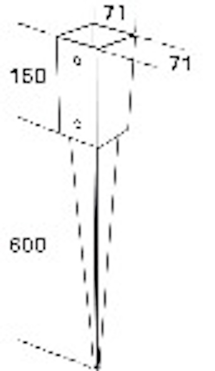 Skiss av en markspik med mått: 71x71 mm, 150 mm högt huvud och 600 mm lång spets.