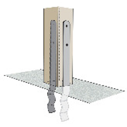 Illustration av ett hörn på en vägg med metallförstärkning och två vågiga metallremsor som hänger nedåt.