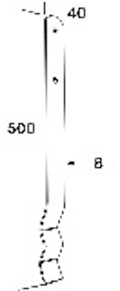 Diagram av en metallstång med måtten 40x500x8 mm, två hål i den övre delen.