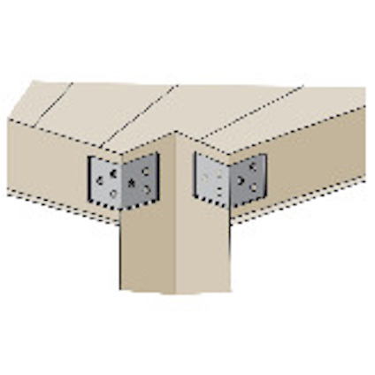 Illustration av hörnkoppling med två metallbeslag på träbjälkar.