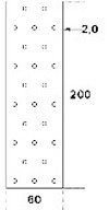 Diagram av en rektangulär platta med måtten 60x200 mm och tjocklek 2,0 mm. Plattan har jämnt fördelade hål.