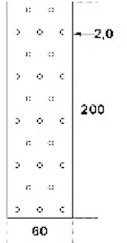 Diagram av en rektangulär platta med måtten 60x200 mm och tjocklek 2,0 mm. Plattan har jämnt fördelade hål.