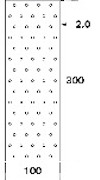 Ritning av en rektangulär platta med dimensionerna 100x300, täckt med ett regelbundet mönster av cirklar. Tjocklek anges som 2,0.