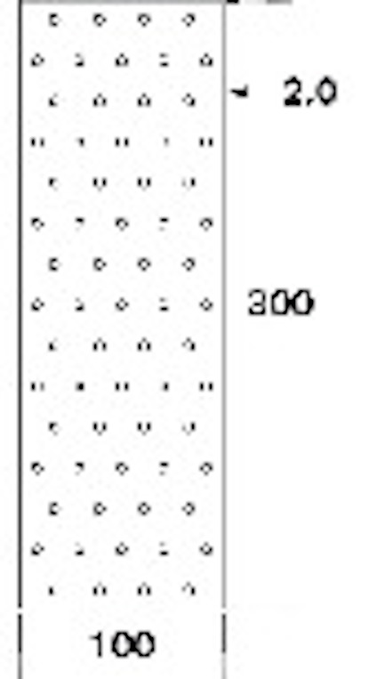 Ritning av en rektangulär platta med dimensionerna 100x300, täckt med ett regelbundet mönster av cirklar. Tjocklek anges som 2,0.
