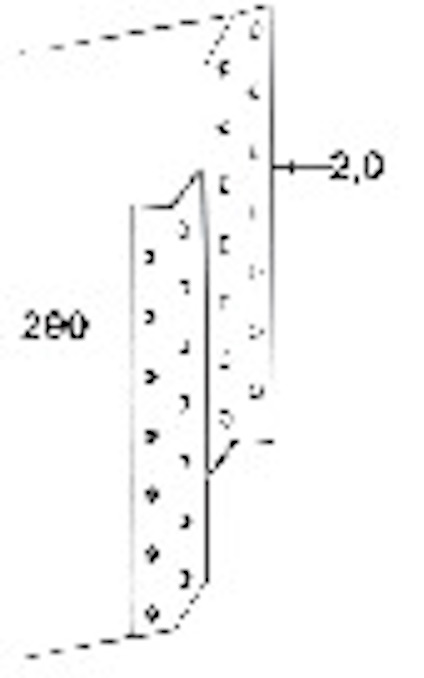 Metallbeslag med hål, angivet som 290 mm i längd och 2,0 mm tjocklek.