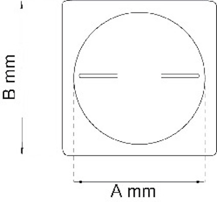 Diagram av en fyrkant med avrundade hörn och en cirkel inuti. Märkt med "A mm" och "B mm".
