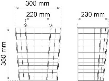 Ritning av två trådbackar med storlek: 300x350 mm och 230x350 mm. Mått anges i millimeter.