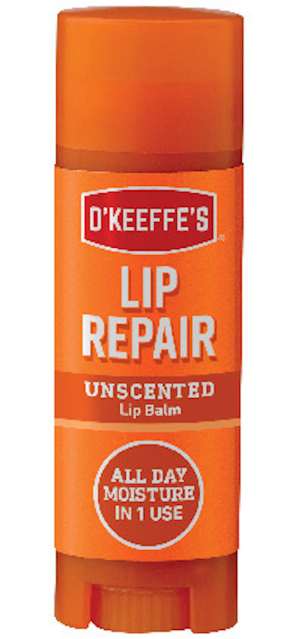 Orange O'Keeffe's Lip Repair tube labeled "Unscented Lip Balm" and "All Day Moisture in 1 Use".