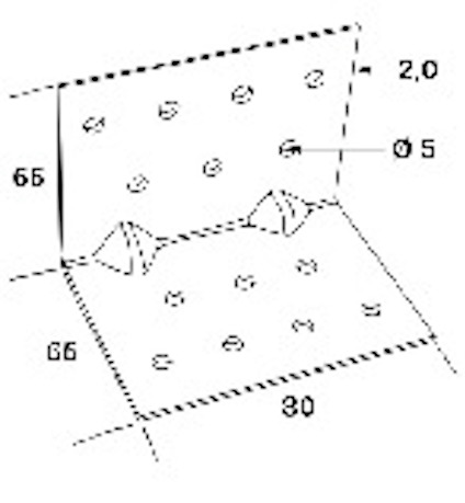 Hörnplåt med måtten 65x80 mm, 2,0 mm tjocklek, med håldiameter Ø 5 mm.