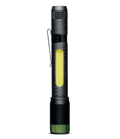 Svart ficklampa med grön knapp och klämma, har en transparent sektion som visar lysdioder.