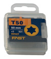 Plastförpackning innehållande tre bits, märkta T50, 50 mm, Impact, S2+, varumärke Fast.