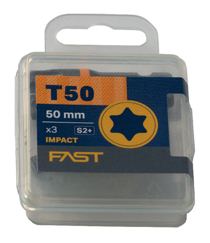 Plastförpackning innehållande tre bits, märkta T50, 50 mm, Impact, S2+, varumärke Fast.