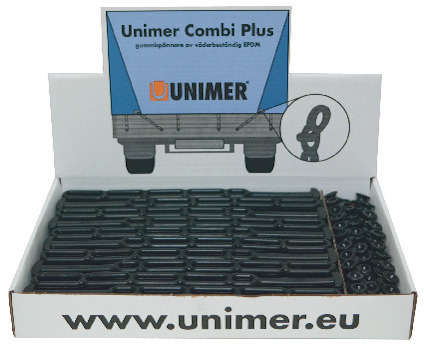 Unimer Combi Plus förpackning med svarta gummikiporningar i kartong. Text: "unimer.eu".