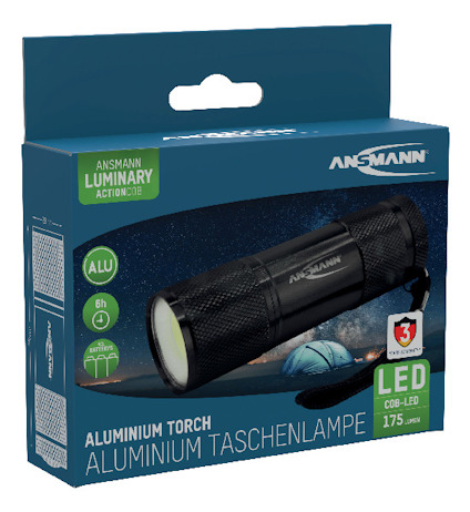 Förpackning av Ansmann aluminiumficklampa med LED COB-lys, 175 lumen.