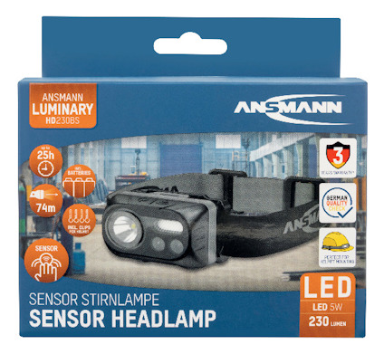 Förpackning av Ansmann sensor pannlampa LED med 230 lumen och 25 timmars batteritid.