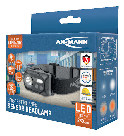 Förpackning av Ansmann sensor pannlampa med LED, 230 lumen, 5W och 25h drifttid, visas med produktdetaljer och illustrationer.
