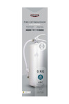 Brandsläckare 6 kg pulver, vit cylinder med etikettinformation, inklusive "Housegard" och "ABC".
