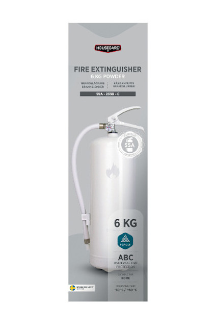 Brandsläckare 6 kg pulver, vit cylinder med etikettinformation, inklusive "Housegard" och "ABC".