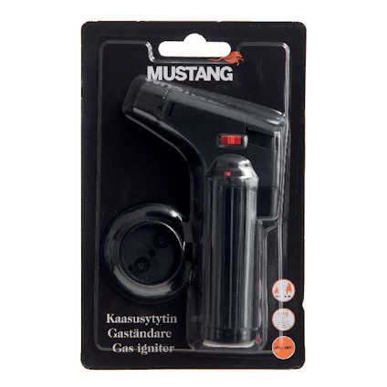 Förpackning med svart gaständare och löstagbar bas. Text: "MUSTANG", "Kaasusytytin", "Gaständare", "Gas igniter".