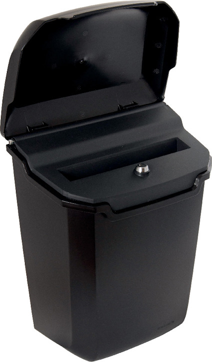 Svart säkerhetsbrevlåda med öppet lock och inkast för brev.