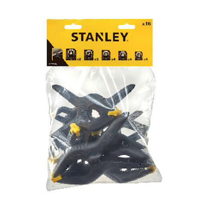 Plastpåse med 16 svarta och gula klämmor av märket STANLEY.