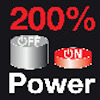"200% Power" i rött med symboler för av (OFF) och på (ON) över en svart bakgrund.