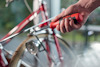 Hand håller en röd skruvmejsel nära ett rött cykelstyre. Skruvmejseln märkt "DURO".