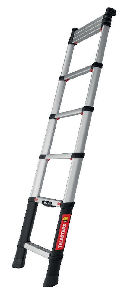 Teleskopstege i metall med svarta plastdetaljer och märkning "TELESTEPS" i rött.