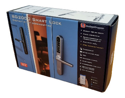 Kartong med texten "BG2000 Smart Lock Digitalt Stött Dörrhandtag" och bilder av lås och dörrhandtag.