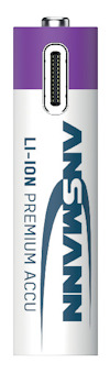 Vit och lila cylindrisk batteri med texten "LI-ION PREMIUM ACCU" och "ANSMANN".