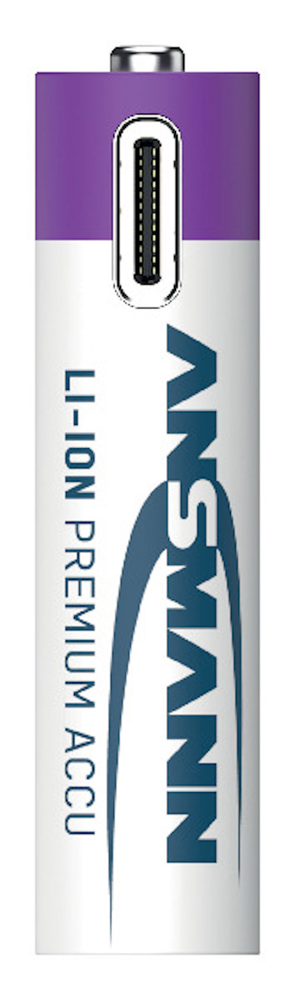 Vit och lila cylindrisk batteri med texten "LI-ION PREMIUM ACCU" och "ANSMANN".