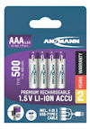AAA Li-Ion-batterier, 1.5V, 400mAh, 500 laddningscykler, medföljer USB-C-kabel, 2 års garanti. Ansmann-märke.