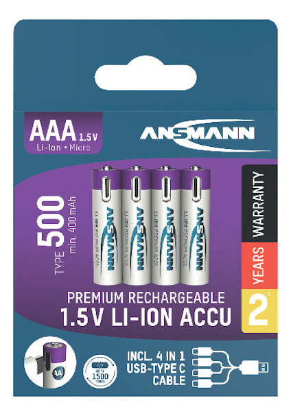 AAA Li-Ion-batterier, 1.5V, 400mAh, 500 laddningscykler, medföljer USB-C-kabel, 2 års garanti. Ansmann-märke.
