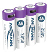Fyra lila och vita AA-batterier med texten "ANSMANN", "LI-ION PREMIUM ACCU", "TYPE 2000", "1.5V", "1800 mAh".