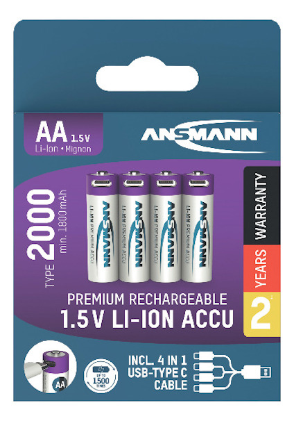 Fyra AA 1.5V litium-jon laddningsbara batterier från Ansmann i förpackning, med USB-C kabel och två års garanti.