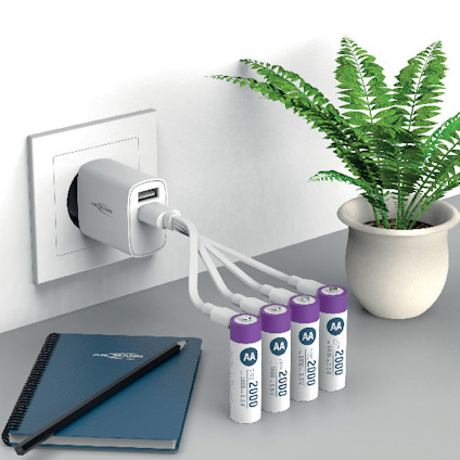 USB-laddare i vägguttag, fyra laddade AA-batterier placerade framför krukväxt och anteckningsbok på bord.