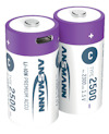 Två vita och lila C-batterier med texten "ANSMANN LI-ION PREMIUM ACCU TYPE 2500, 2300 mAh 1.5V".