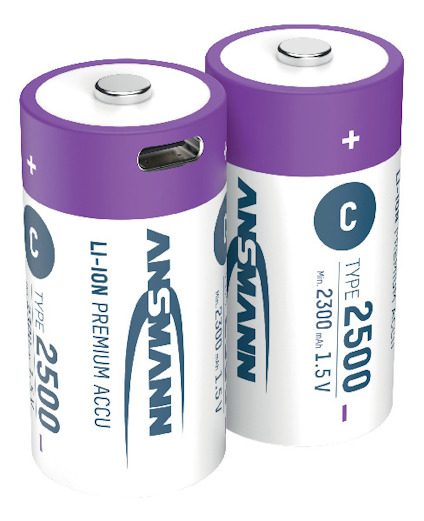 Två vita och lila C-batterier med texten "ANSMANN LI-ION PREMIUM ACCU TYPE 2500, 2300 mAh 1.5V".