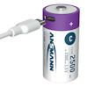 Batteri med USB-port och sladd. Märkt "ANSMANN", "TYPE 2500", "C", "2300 mAh", "1.5 V", "LI-ION PREMIUM ACCU".