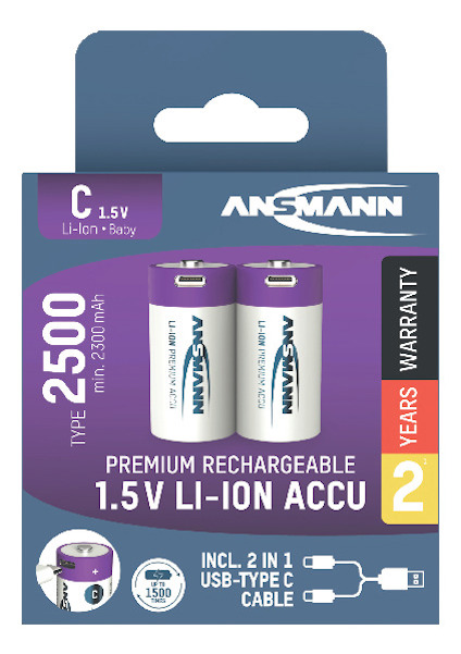 Förpackning med två Ansmann 1,5V Li-Ion AA-batterier, 2500mWh. Med USB-C-laddningskabel. 2 års garanti.
